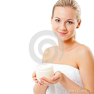 Closeup blond woman portrait holding jar Stock Photo