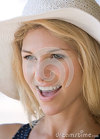 Closeup blonde lady happy Stock Photo