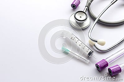 closeup blood sample tubes, syringe and stethoscope Stock Photo