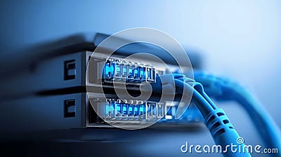 Closeup of blue ethernet cable connected to computer, emphasizing network connectivity Stock Photo