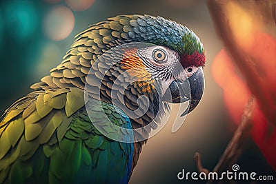 Closeup blue and yellow macaw parrot. Beautiful bird parakeet. Tropical feathers and plumage. Stock Photo