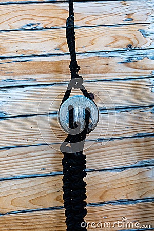 Closeup boat rope and pulley Stock Photo