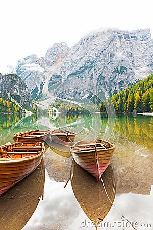 Closeup on boats on lake braies in south tyrol Stock Photo