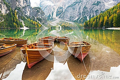Closeup on boats on lake braies in south tyrol Stock Photo