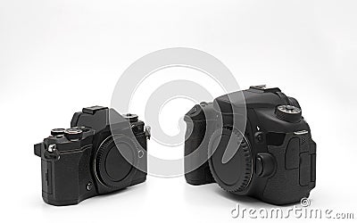 Body of Mirrorless Camera and DSLR Camera Isolated on White Back Stock Photo