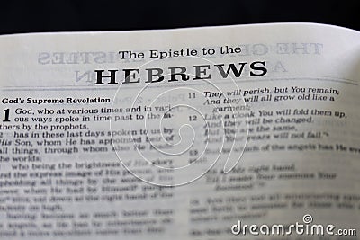 Closeup of the Book of Hebrews from Bible, with focus on the Title of religious text. Stock Photo