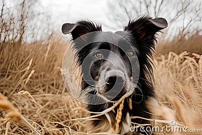 Closeup of Border Collie playing hide-and-seek in field, created with Generative AI technology Stock Photo
