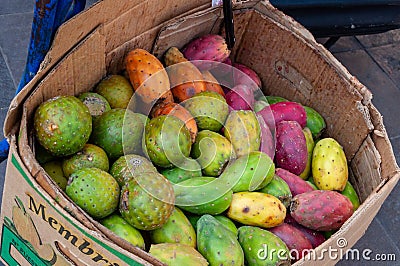 Closeup of a box of colorful Indian figs Editorial Stock Photo