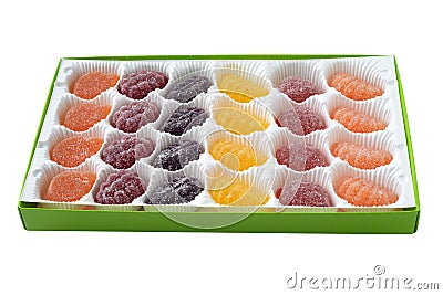 Closeup box of sugar jelly fruit candy isolated Stock Photo