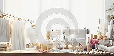 Closeup of a bright atelier studio featuring sewing items Stock Photo