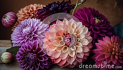 Bright Coloured Dahlias Lying on a Table, AI Generated Stock Photo