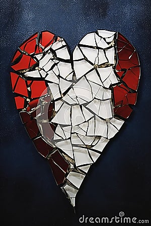 Closeup of a broken heart on a blue surface with a white and red Stock Photo