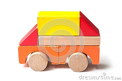 bus on colorful wooden blocks on white background Stock Photo