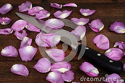 Closeup butcher knife with pink rose petals Stock Photo