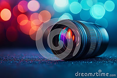 Closeup camera lens with lense reflection bokeh background by generative ai Stock Photo