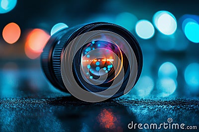 Closeup camera lens with lense reflection bokeh background by generative ai Stock Photo