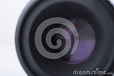 Closeup camera shutter lens isolated on white Stock Photo