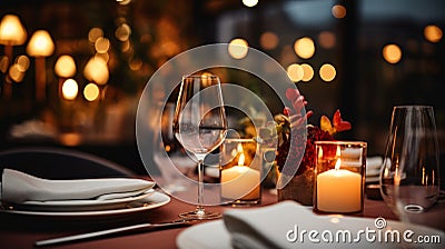 A closeup of a candlelit dinner setting Stock Photo