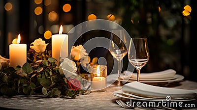 A closeup of a candlelit dinner setting Stock Photo
