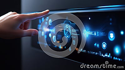 A closeup captures the futuristic touchsensitive panel of the console which features dynamic icons that shift and Stock Photo