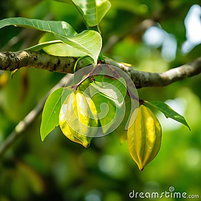 Closeup of carambola starfruit growing on branch with green leaves israel. Cartoon Illustration