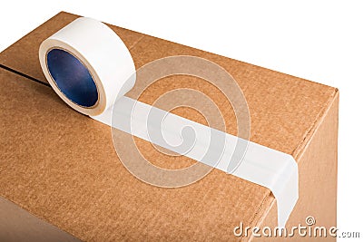 Closeup of cardboard box with white adhesive tape isolated on white Stock Photo