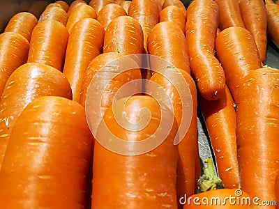 Closeup carrot laying lined up on the vegetables`s shelf in the market Stock Photo