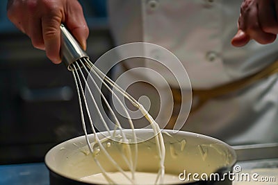 closeup of a chef whisking a creamy emulsion Stock Photo