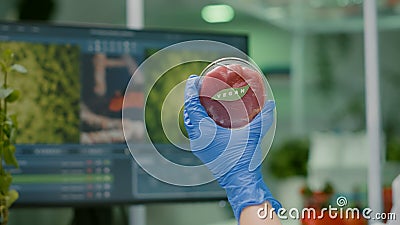 Closeup of chemist holding in hands vegan beef meat sample Stock Photo