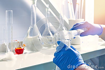 A closeup of a chemist in a laboratory analyzing Stock Photo