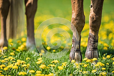 Horse Legs on Green Meadow Stock Photo