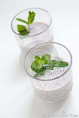 Closeup of chia seed pudding with mint Stock Photo