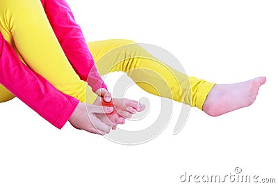 Closeup child`s leg injured at instep of foot. Isolated on white Stock Photo