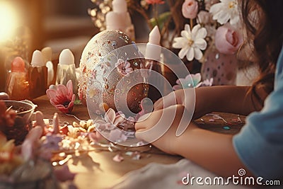 Closeup of a childs hands carefully crafting an Stock Photo