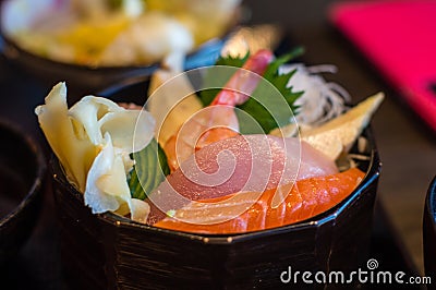 Closeup of Chirashi Sashimi Rice Bowl Stock Photo