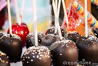 Closeup of chocolate candy apples at fair Stock Photo