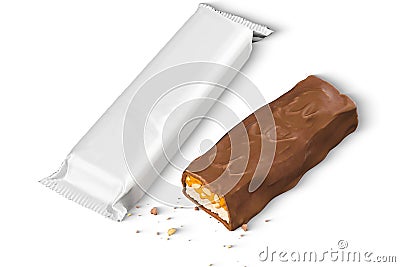 Closeup of chocolate,peanut and caramel bar isolated on white background high quality details - 3d rendering Stock Photo