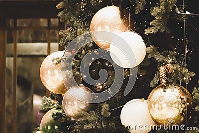 Closeup of christmas tree branch on architectural landmark background. Happy new year. Festive background. Merry Stock Photo