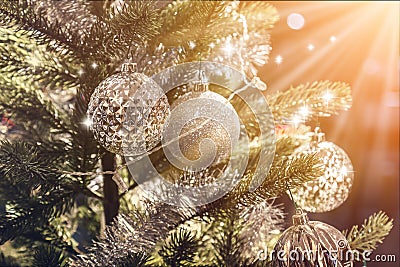 Closeup of Christmas-tree with decorations items Stock Photo