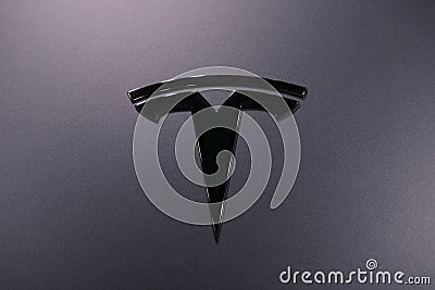 Closeup chromium-plated Logotype Tesla Motors on silver hood, most popular passenger electric car in world, Elon Musk, Tesla is Editorial Stock Photo