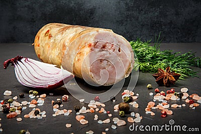 closeup chunk of minced meat roll with spices, dill and onion Stock Photo
