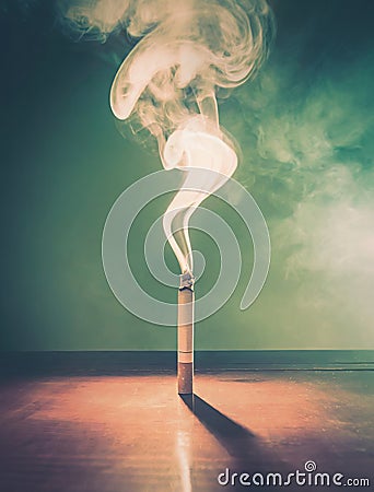 Closeup cigarette on the table emits dense toxic smoke in the room. Smoking danger concept. Addiction to poisonous tobacco Stock Photo