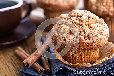 Closeup of a Cinnamon Muffin on a Blue Napkin Stock Photo