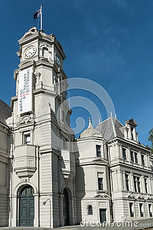 Closeup of Clock Tower of public Auckland Art Gallery. Editorial Stock Photo