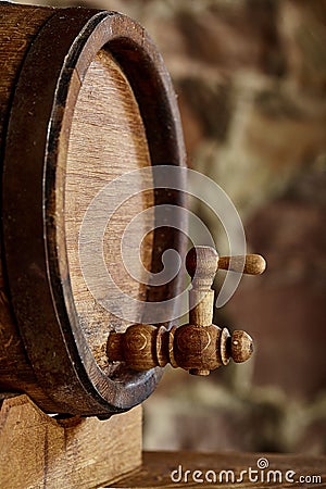 Closeup of old oak barrel. Front view. Stock Photo