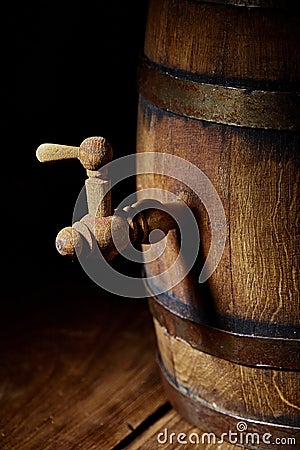 Closeup of old oak barrel. Front view. Stock Photo