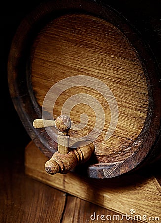 Closeup of old oak barrel. Front view. Stock Photo