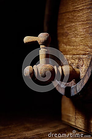 Closeup of old oak barrel. Front view. Stock Photo