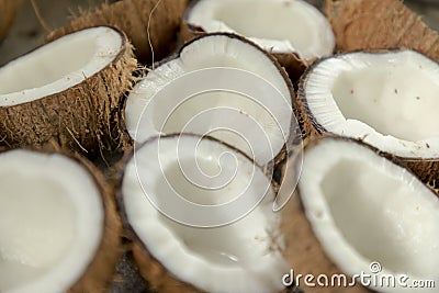 Closeup of coconut, Many coconuts cut in half in organic Stock Photo