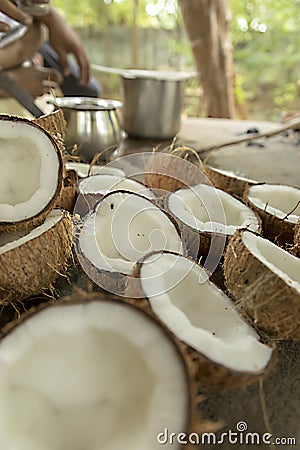 Closeup of coconut, Many coconuts cut in half in organic. Stock Photo